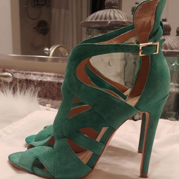 Zara Basic Green Suede Caged Ankle Strap Sandals Size 8 - Picture 4 of 7